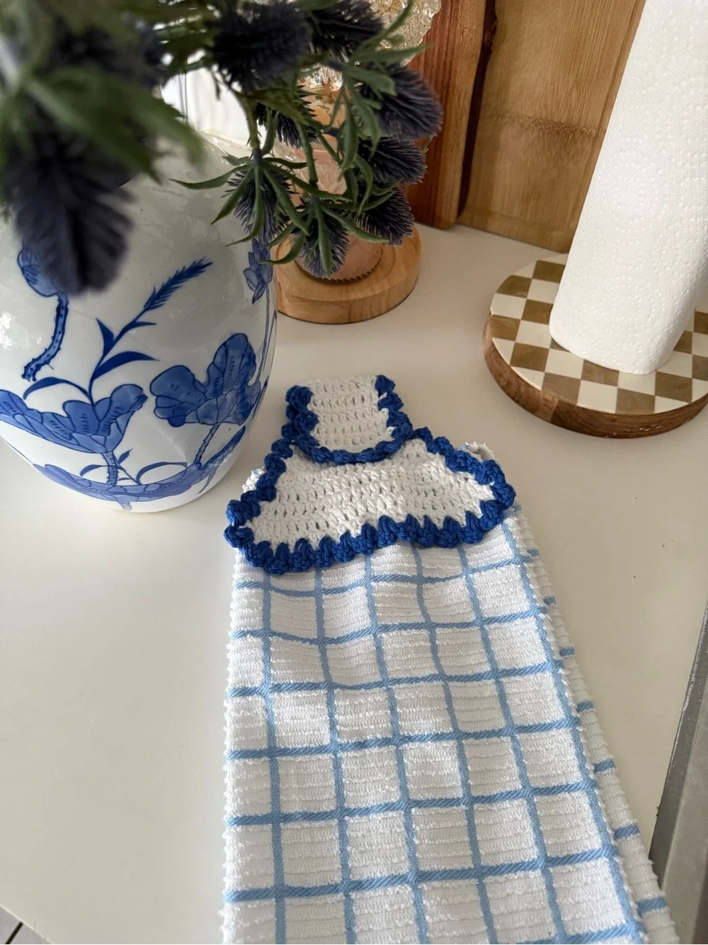 Handmade Crochet Top Kitchen Towel - White & Blue Checkered